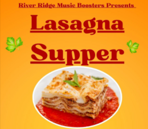 Photo of Lasagna on plate, wording Lasagna Supper